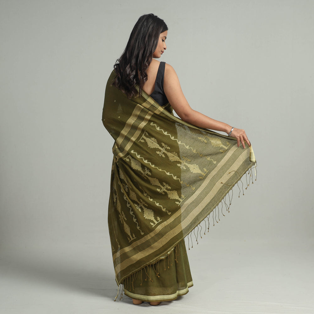 Green - Handloom Cotton Phulia Jamdani Saree with Tassels 22