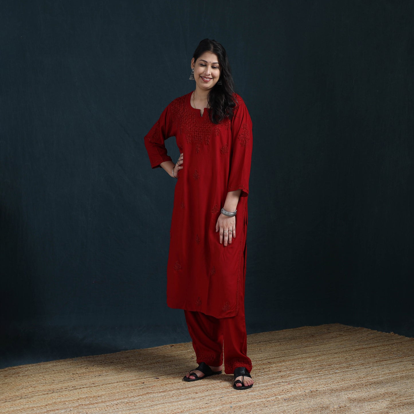 Red - Hand Embroidered Rayon Chikankari Kurta with Pant Set for Women 05