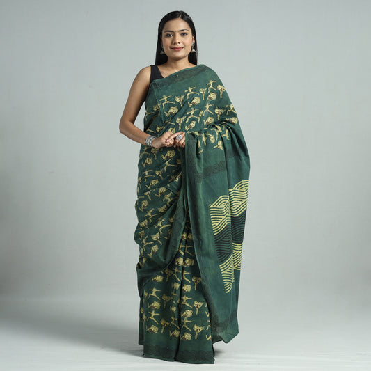 Green - Bindaas Art Block Printed Natural Dyed Cotton Saree 41