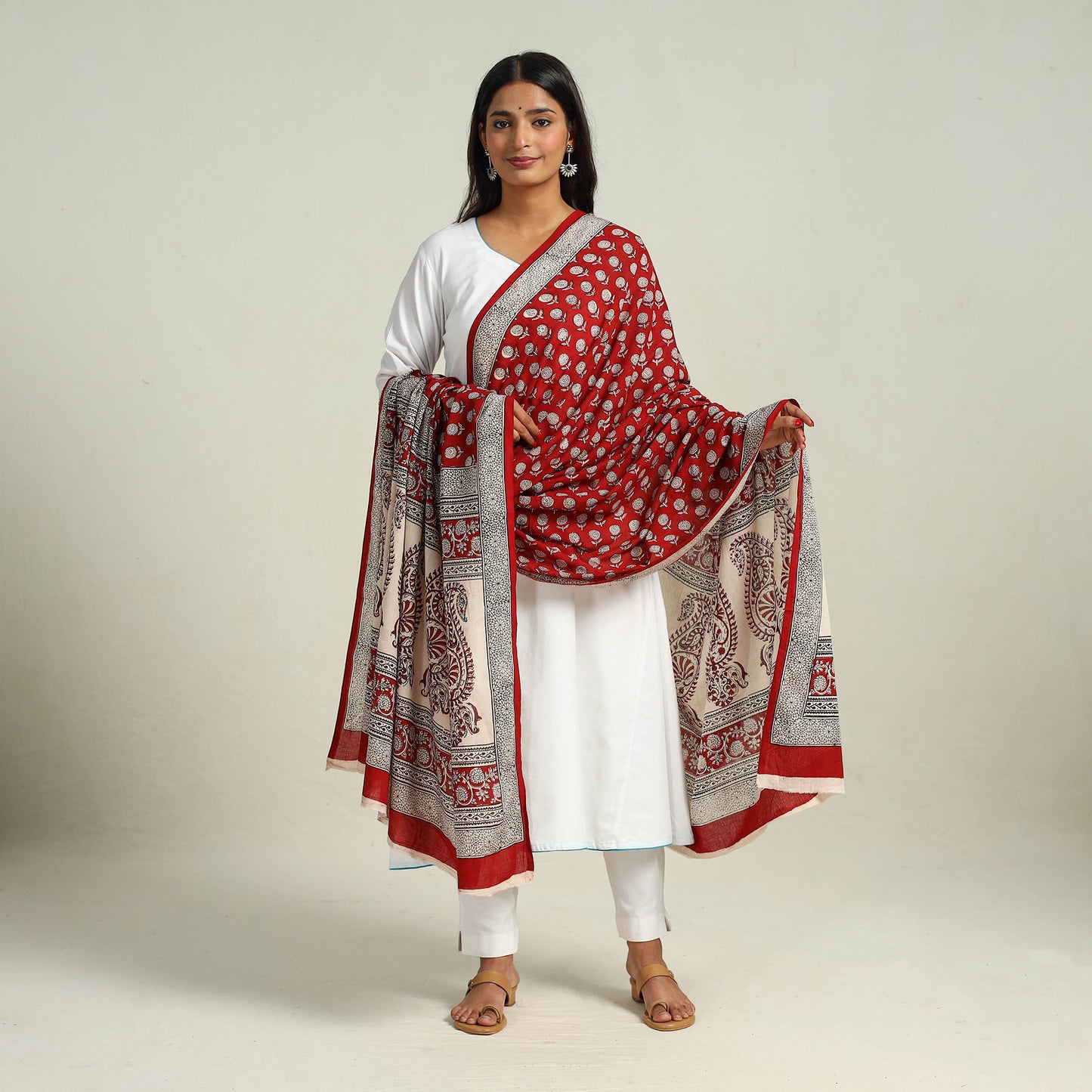 Red - Hand Block Print Cotton Bagh Dupatta 25