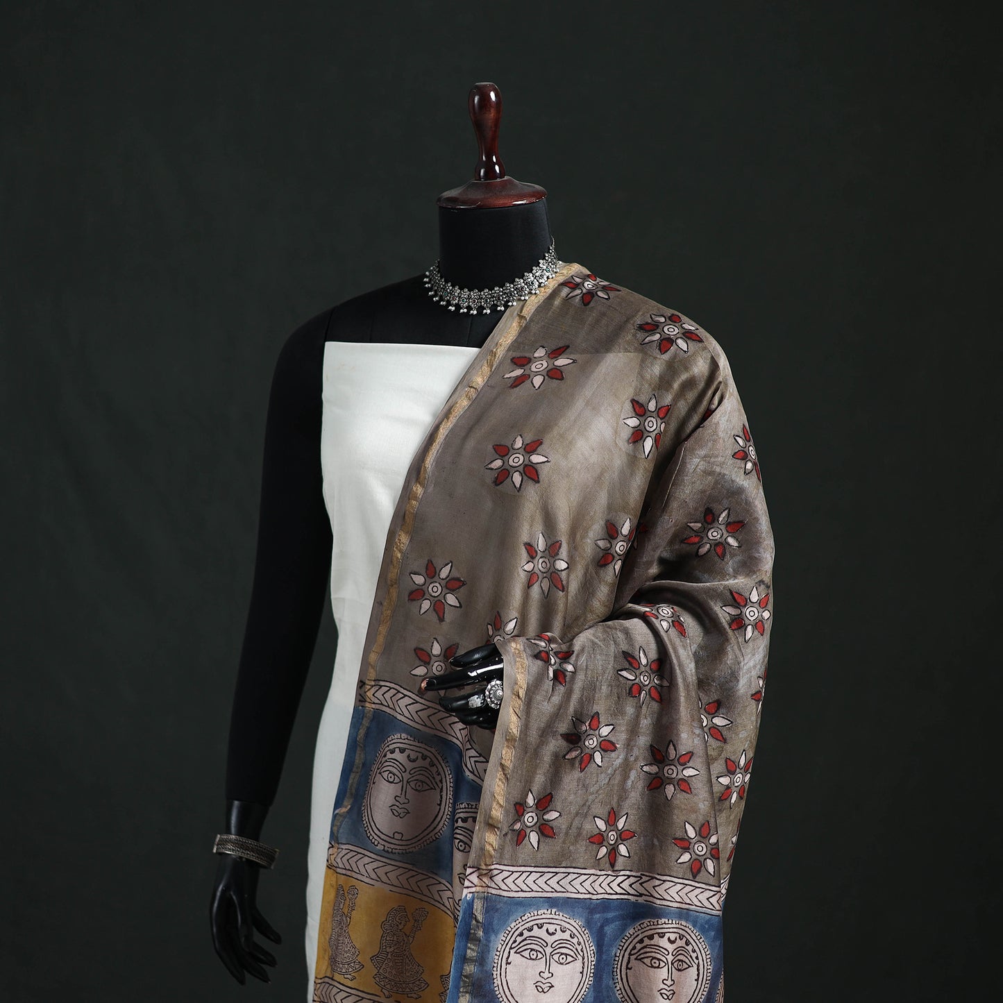 Multicolor - Mata Ni Pachedi Handpainted Natural Dyed Chanderi Silk Handloom Dupatta 24