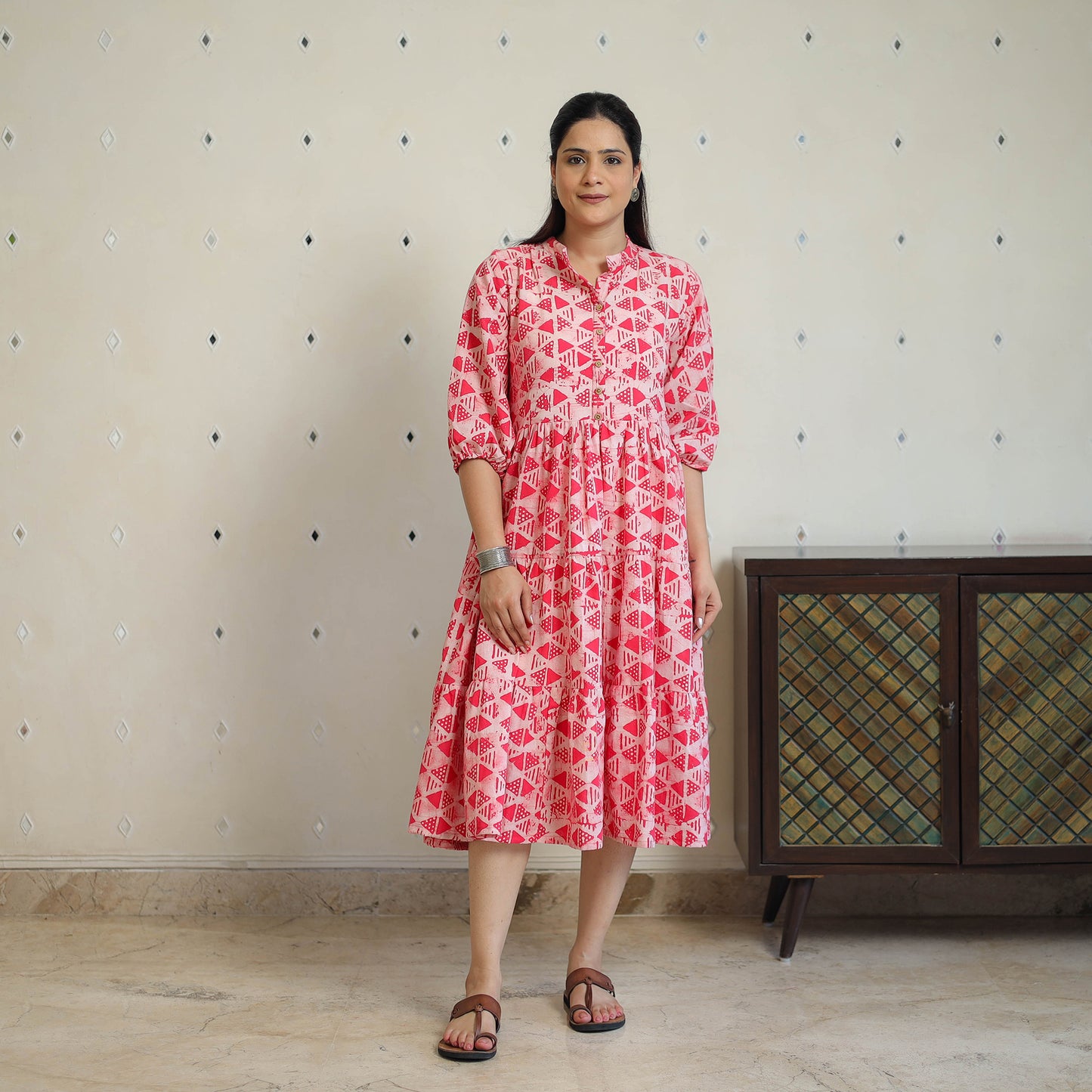 Pink - Pure Cotton Tiered Batik Print Dress 11