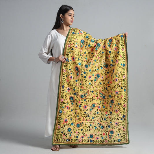 Yellow - Ranihati Chanderi Silk Chapa Work Phulkari Embroidered Dupatta 33