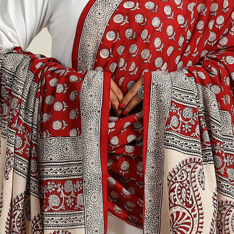 Red - Hand Block Print Cotton Bagh Dupatta 25