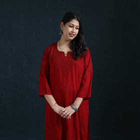 Red - Hand Embroidered Rayon Chikankari Kurta with Pant Set for Women 05