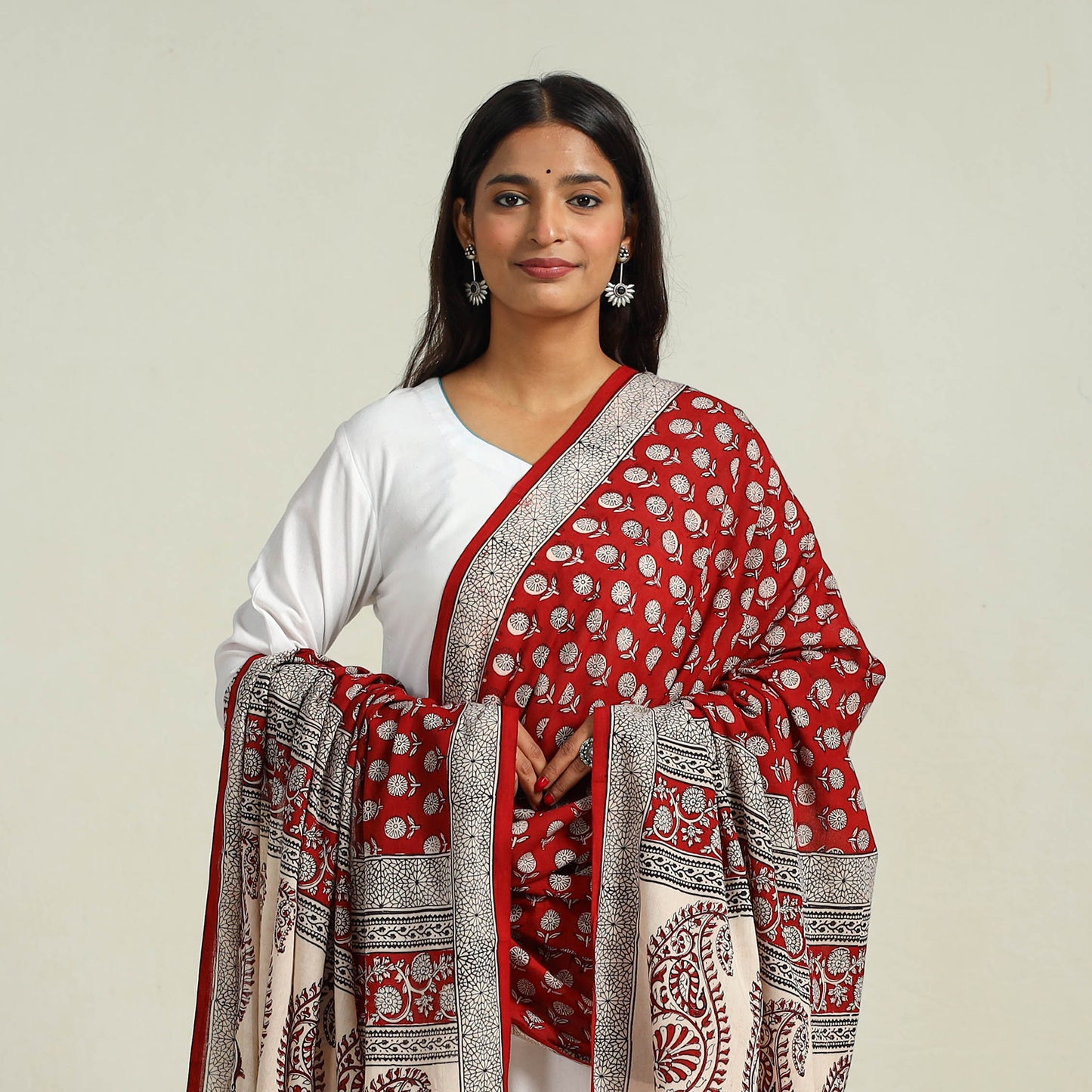 Red - Hand Block Print Cotton Bagh Dupatta 25