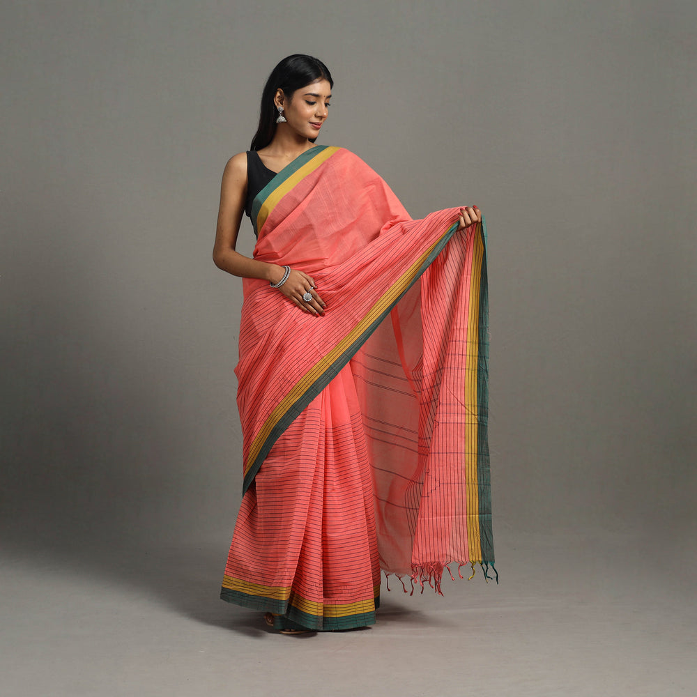 Peach - Stepwell Turned Weft Cotton Handloom Saree 16