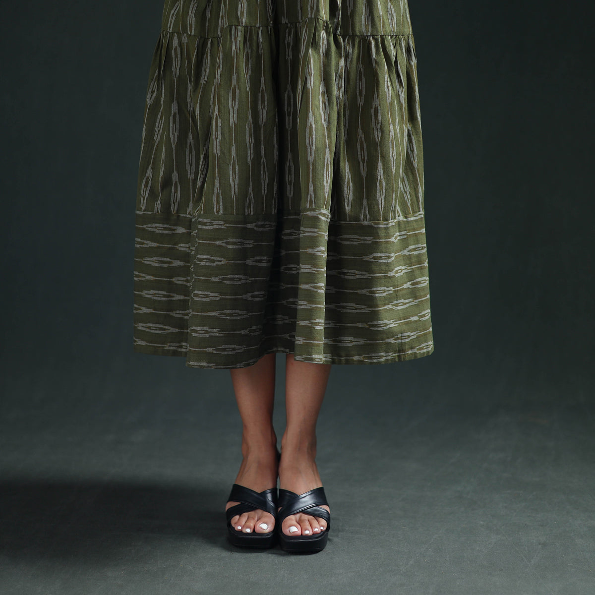 Pochampally Ikat Cotton Sleeveless Tiered Long Dress for Women 09