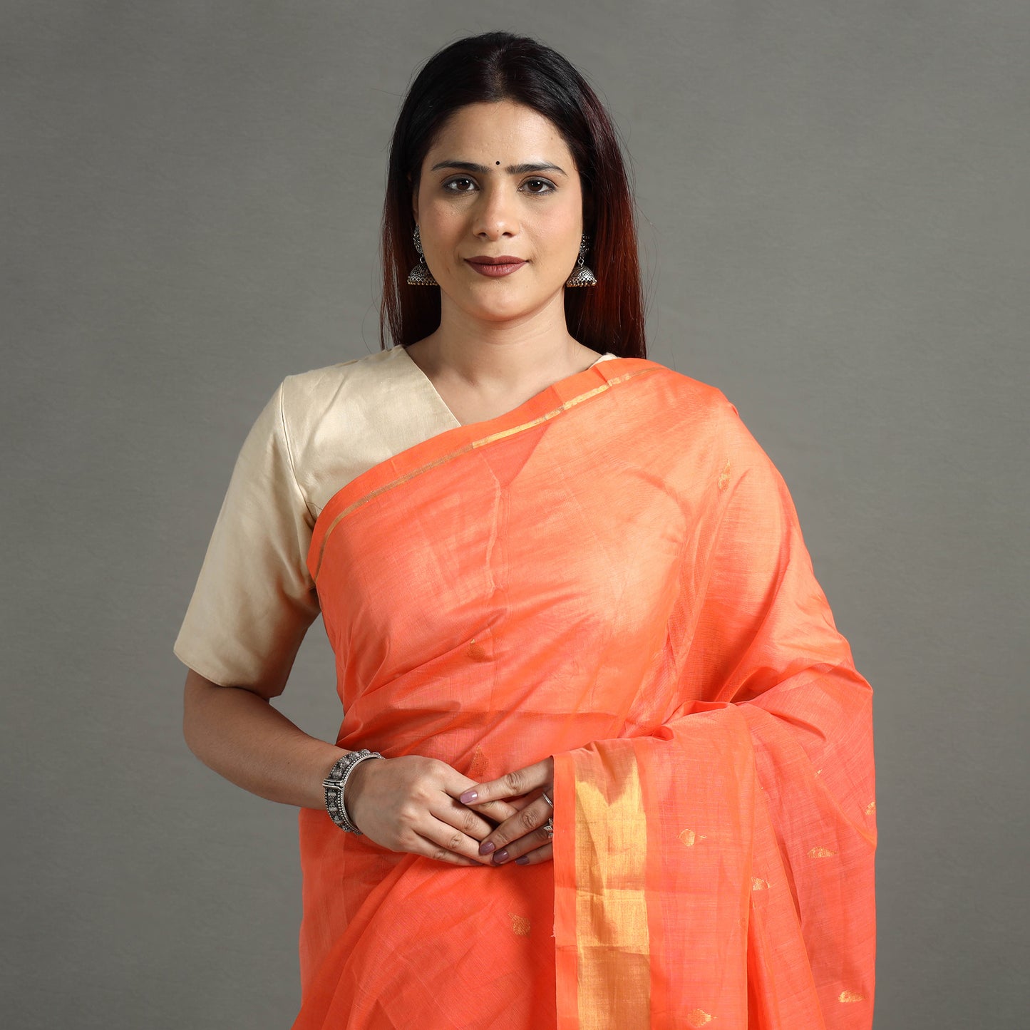 Orange - Traditional Venkatagiri Handloom Cotton Thread & Zari Buti Saree 28