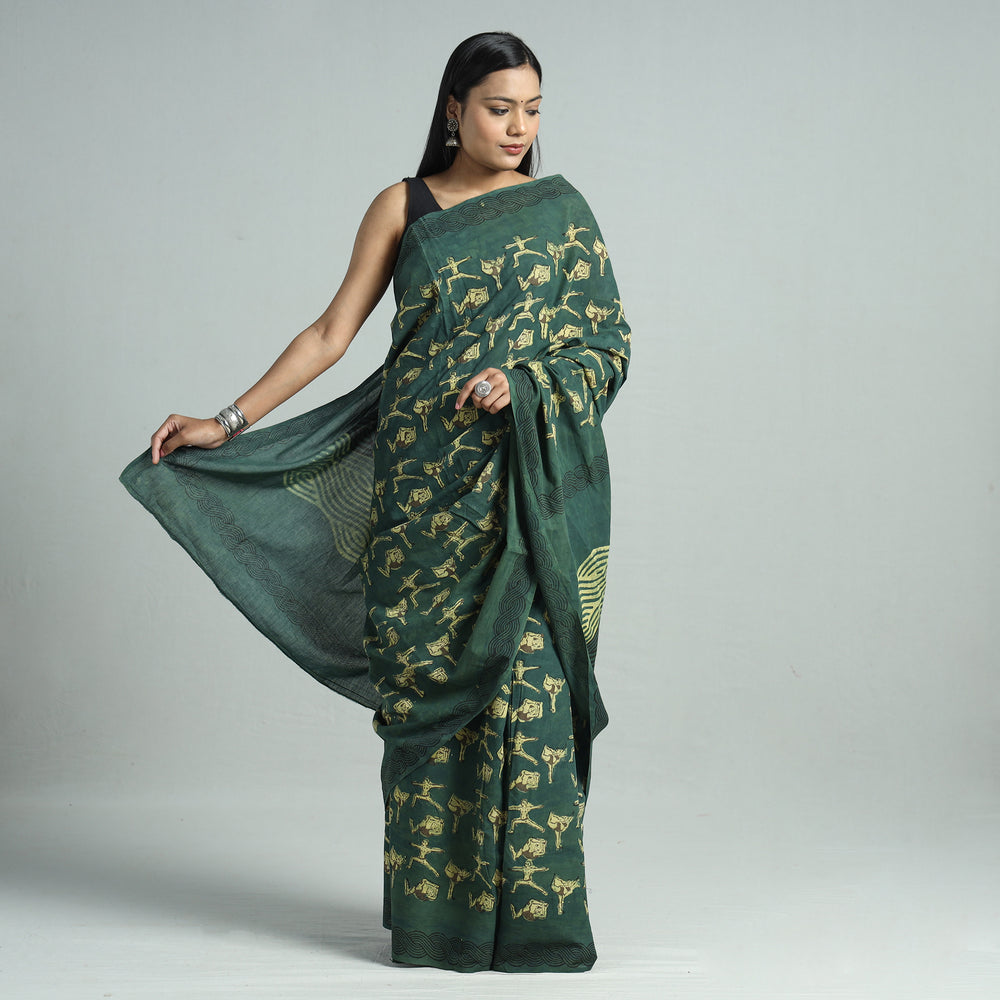 Green - Bindaas Art Block Printed Natural Dyed Cotton Saree 41