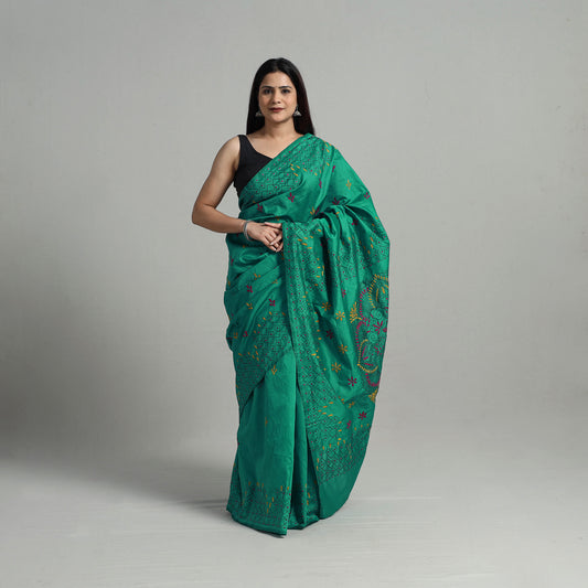 Green - Handcrafted Bengal Nakshi Kantha Work Silk Saree 13