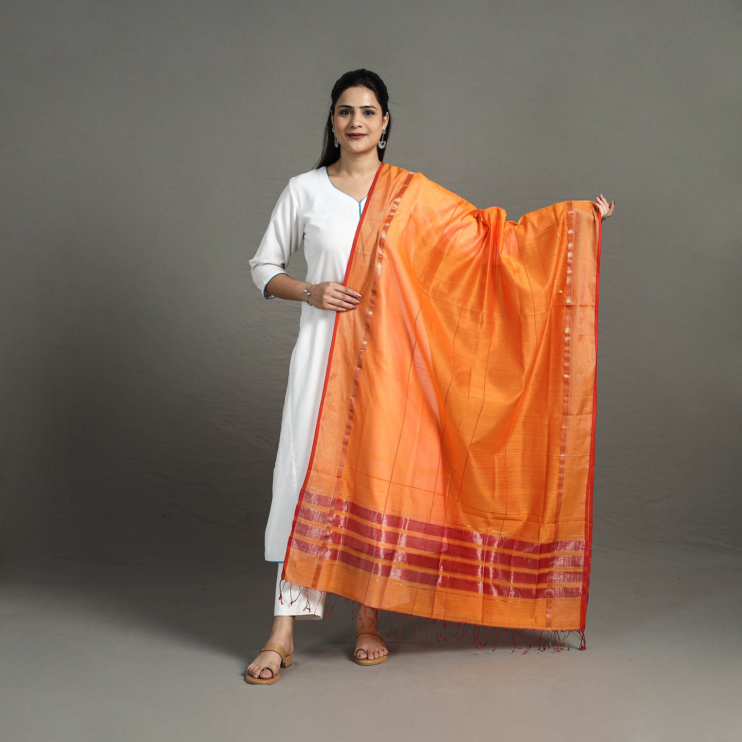 Orange - Handloom Silk Cotton Zari Work Maheshwari Dupatta 06