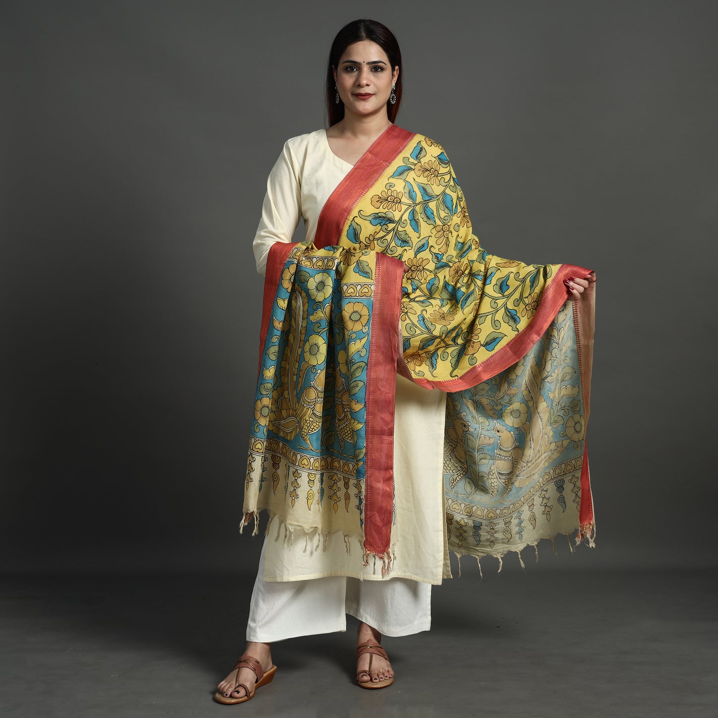 Yellow - Srikalahasti Pen Work Kalamkari Chanderi Silk Handpainted Zari Border Dupatta with Tassels 182