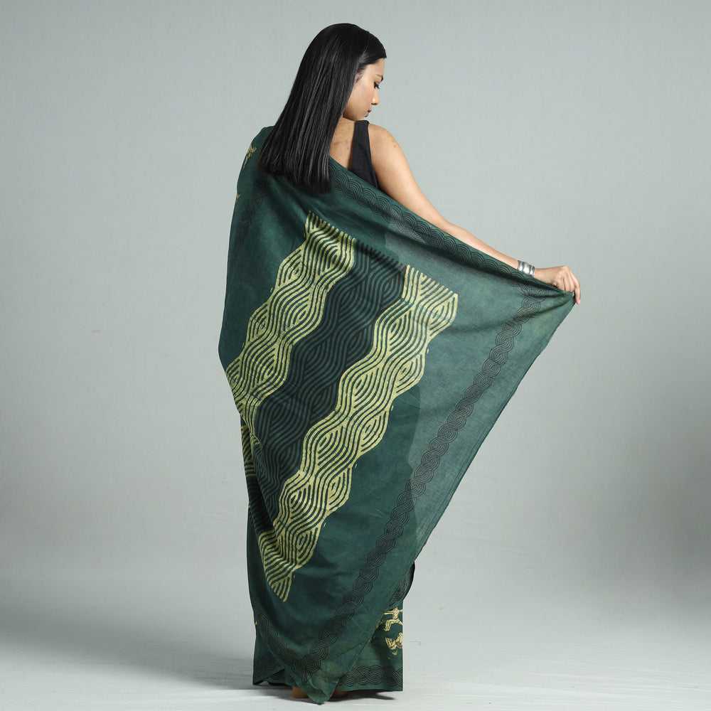 Green - Bindaas Art Block Printed Natural Dyed Cotton Saree 41