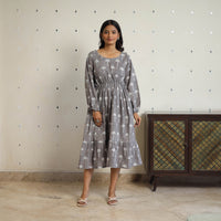 Grey - Block Printed Cotton Fit & Flare Bagru Dress 05