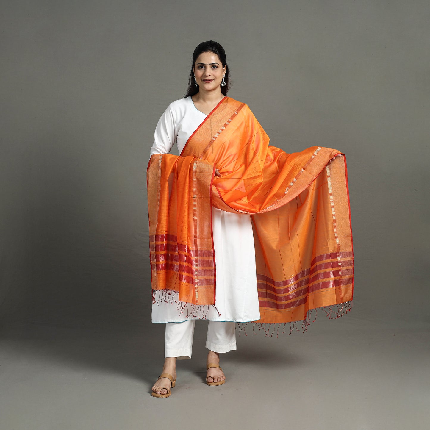 Orange - Handloom Silk Cotton Zari Work Maheshwari Dupatta 06