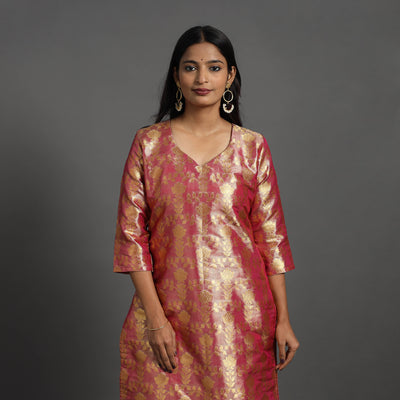 Pink - Cutwork Tissue Zari Jaal Banarasi Silk Kurta 07