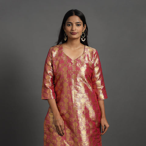 Pink - Cutwork Tissue Zari Jaal Banarasi Silk Kurta 07