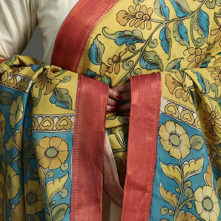 Yellow - Srikalahasti Pen Work Kalamkari Chanderi Silk Handpainted Zari Border Dupatta with Tassels 182