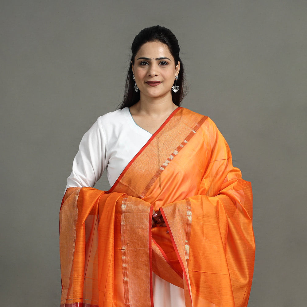 Orange - Handloom Silk Cotton Zari Work Maheshwari Dupatta 06