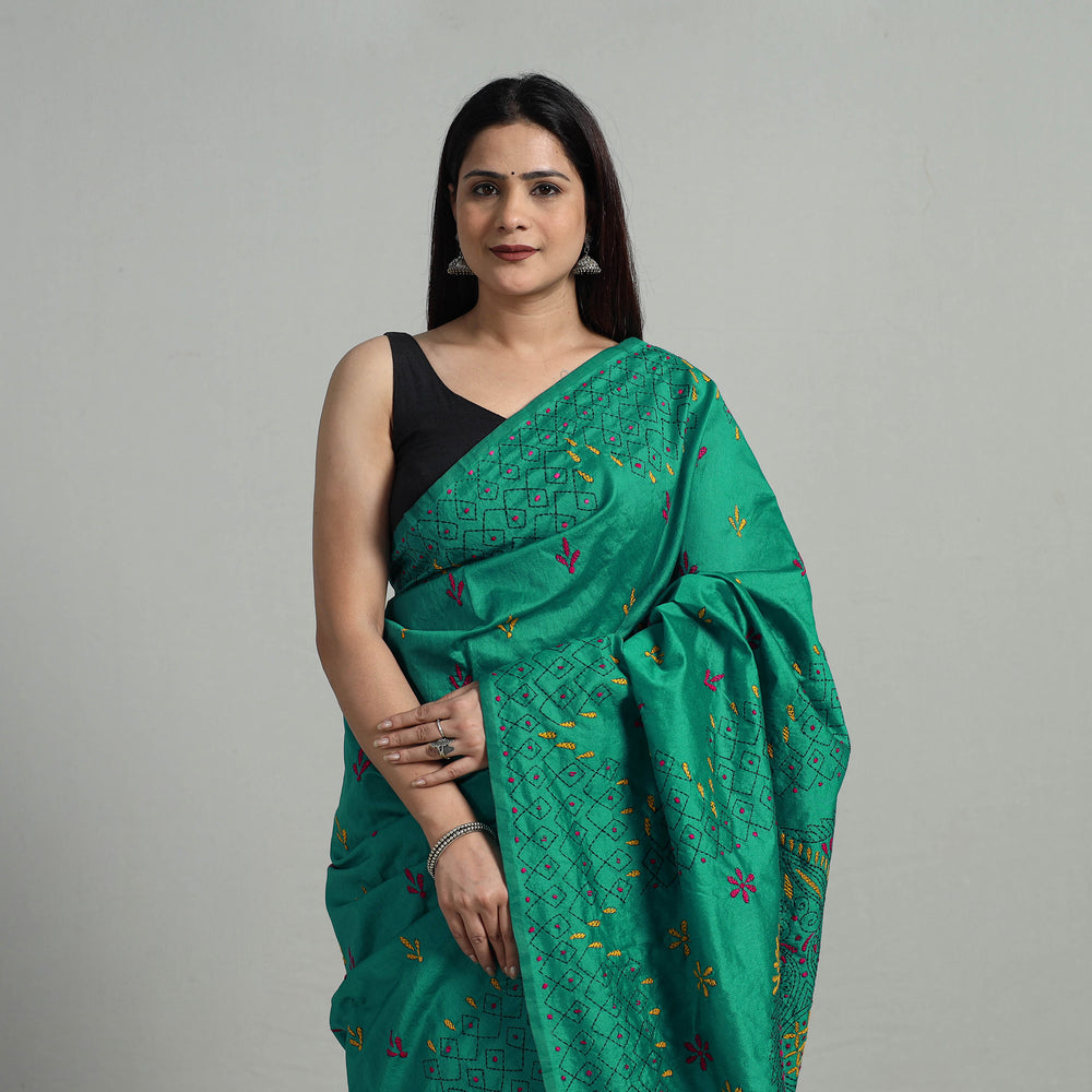 Green - Handcrafted Bengal Nakshi Kantha Work Silk Saree 13