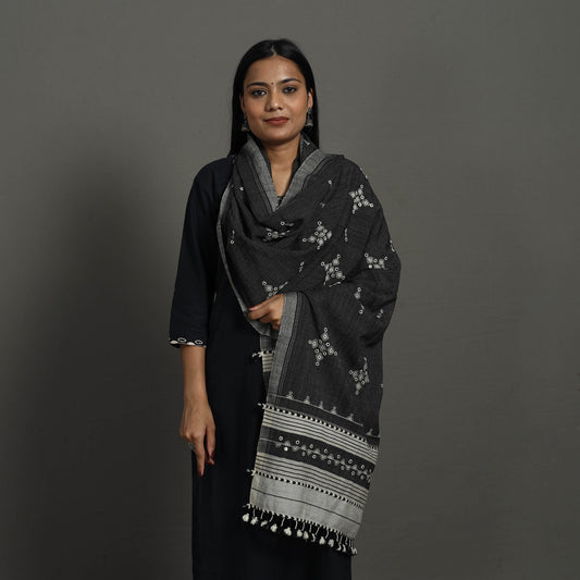 Black - Kutch Bhujodi Weaving Mirror Work Handloom Woolen Stole 15