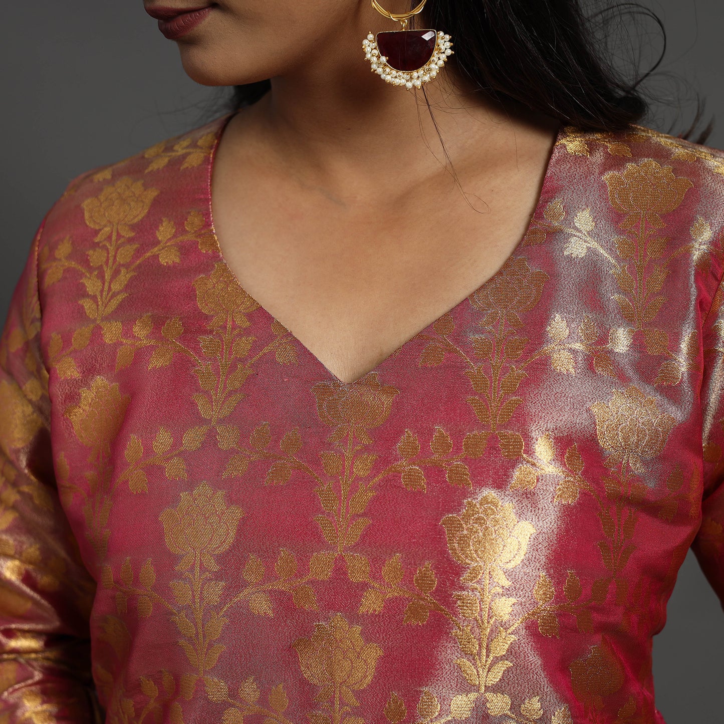 Pink - Cutwork Tissue Zari Jaal Banarasi Silk Kurta 07