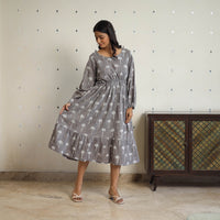 Grey - Block Printed Cotton Fit & Flare Bagru Dress 05