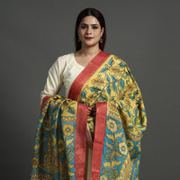 Yellow - Srikalahasti Pen Work Kalamkari Chanderi Silk Handpainted Zari Border Dupatta with Tassels 182