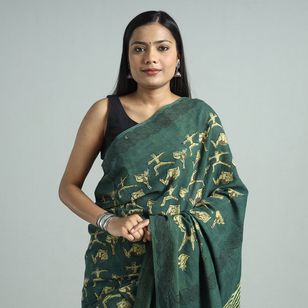 Green - Bindaas Art Block Printed Natural Dyed Cotton Saree 41