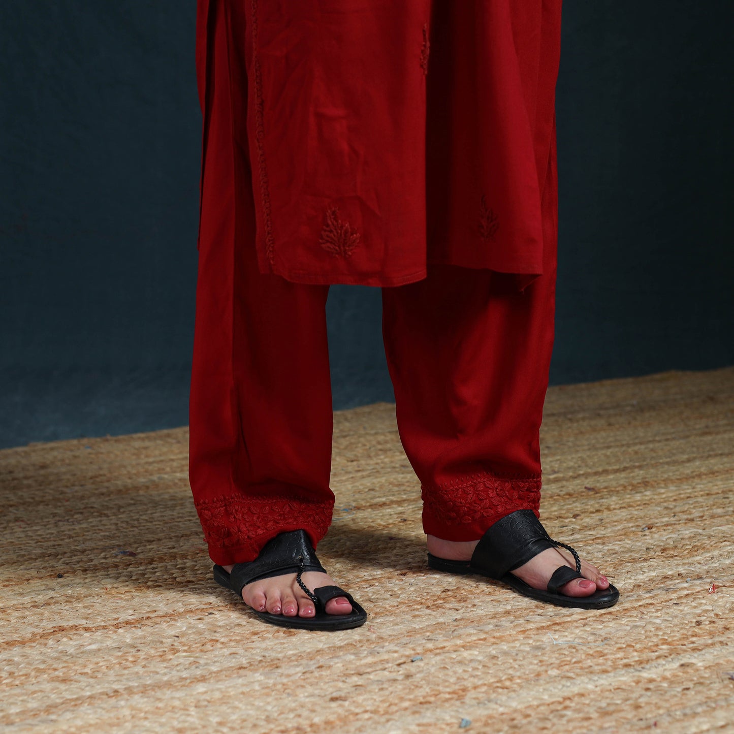 Red - Hand Embroidered Rayon Chikankari Kurta with Pant Set for Women 05