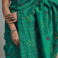 Green - Handcrafted Bengal Nakshi Kantha Work Silk Saree 13