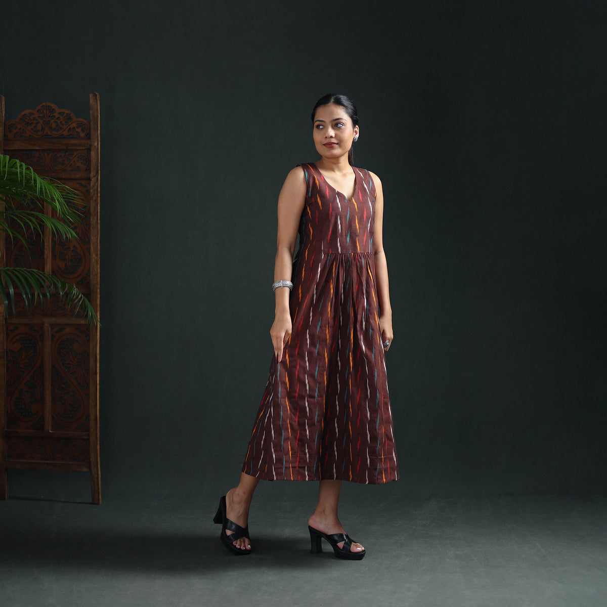 Pochampally Ikat Cotton Sleeveless Flared Long Dress for Women 16