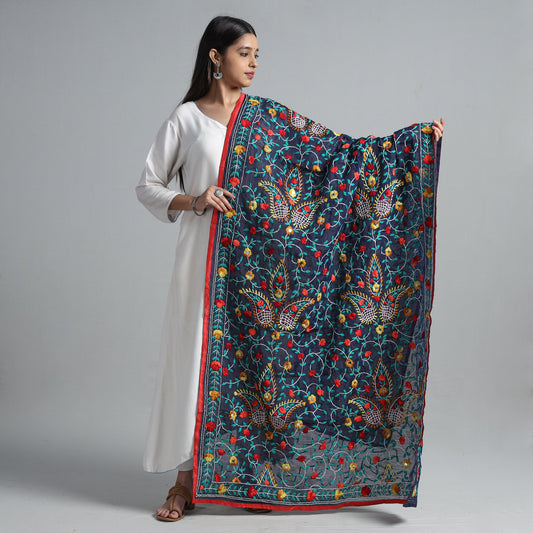 Black - Ranihati Chanderi Silk Chapa Work Phulkari Embroidered Dupatta 34