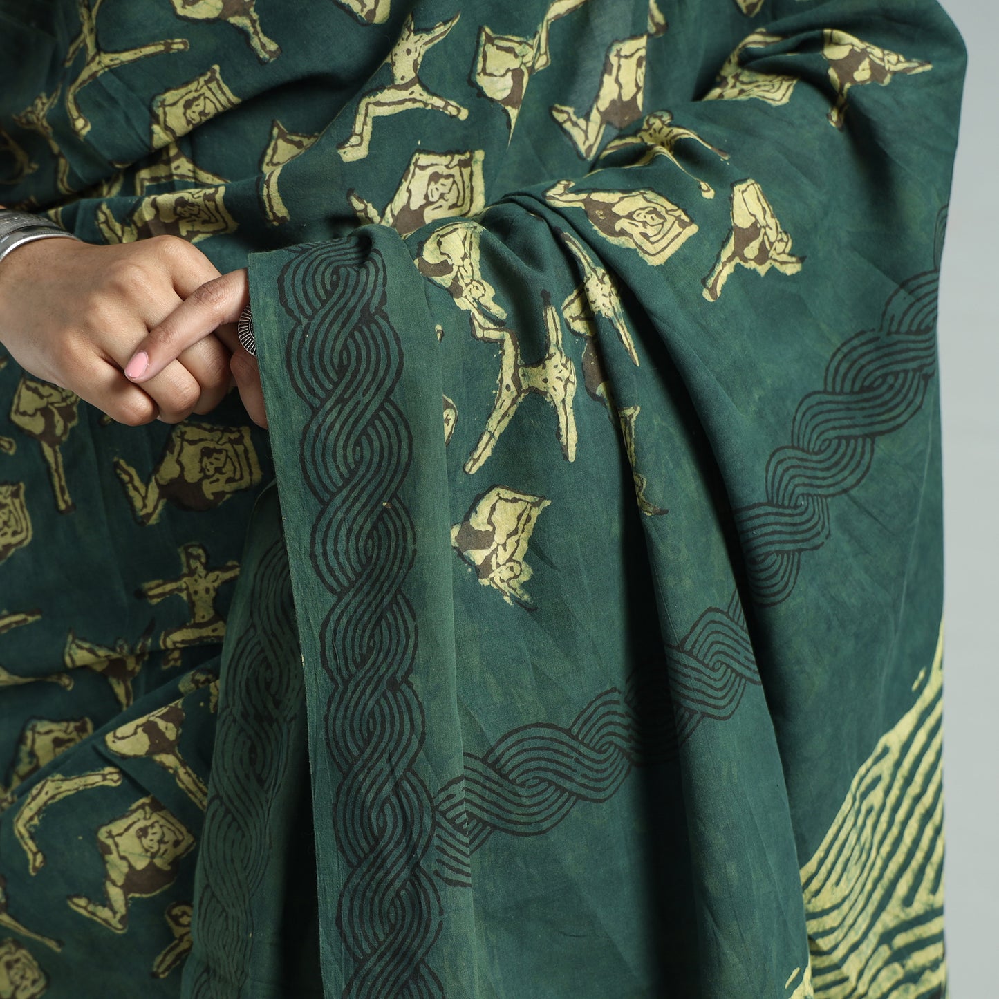 Green - Bindaas Art Block Printed Natural Dyed Cotton Saree 41