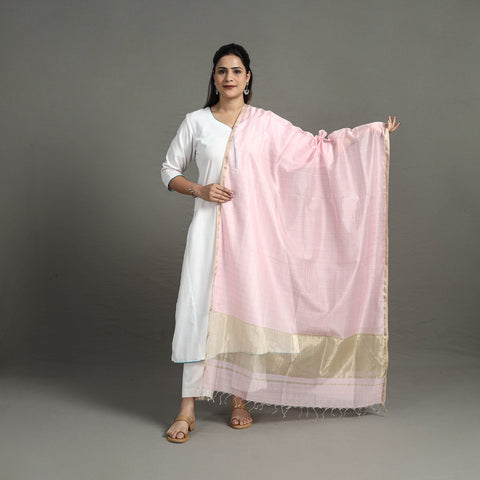 Pink - Handloom Silk Cotton Zari Work Maheshwari Dupatta 07