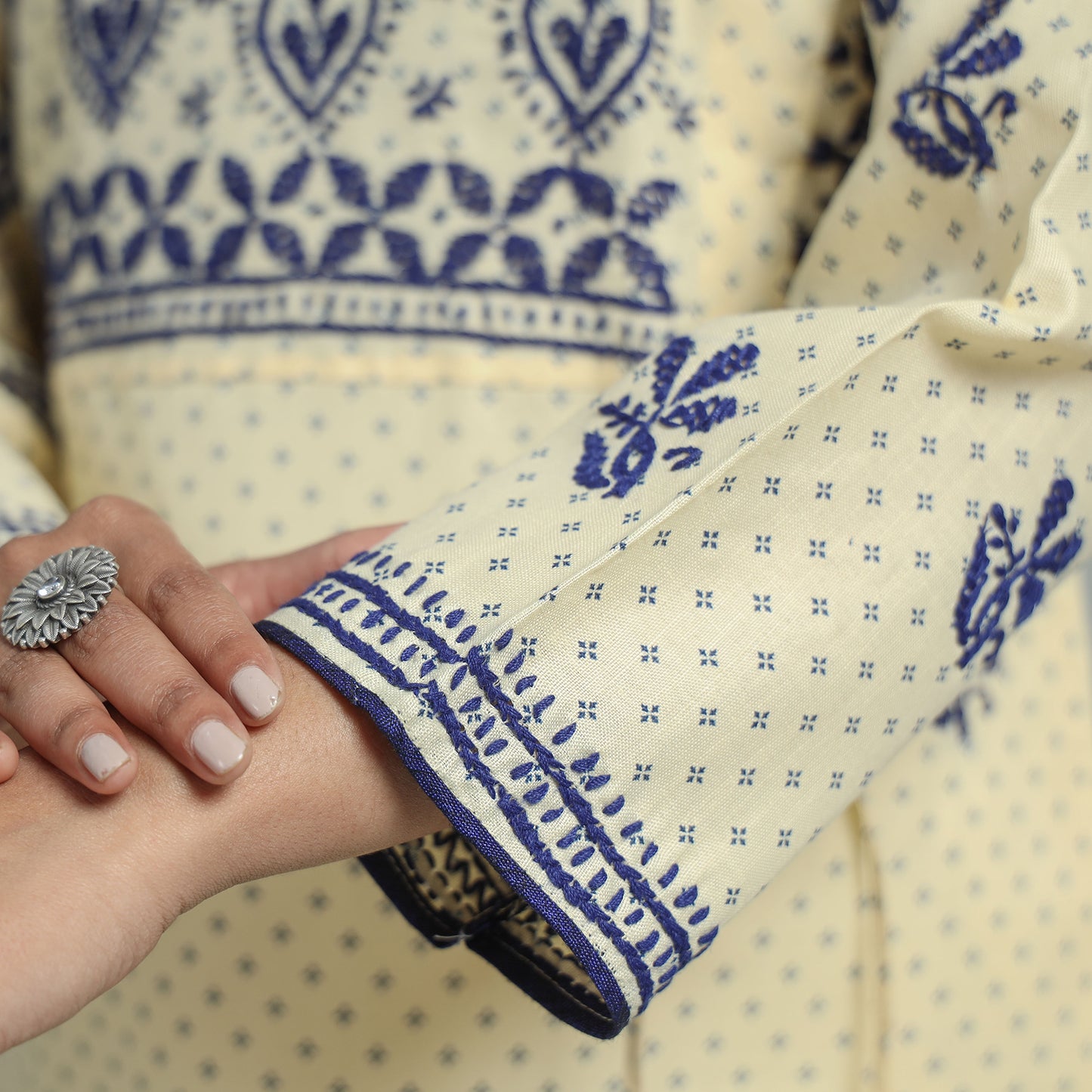 Light Yellow Chikankari Hand Embroidered Cotton Long Kurta