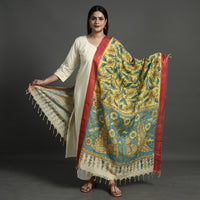 Yellow - Srikalahasti Pen Work Kalamkari Chanderi Silk Handpainted Zari Border Dupatta with Tassels 182