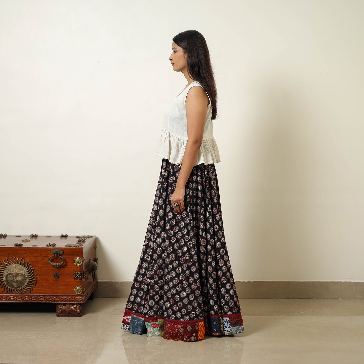 Black - Hand Block Printed Cotton Long Bagru Skirt 06