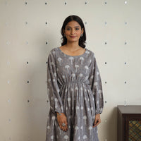 Grey - Block Printed Cotton Fit & Flare Bagru Dress 05