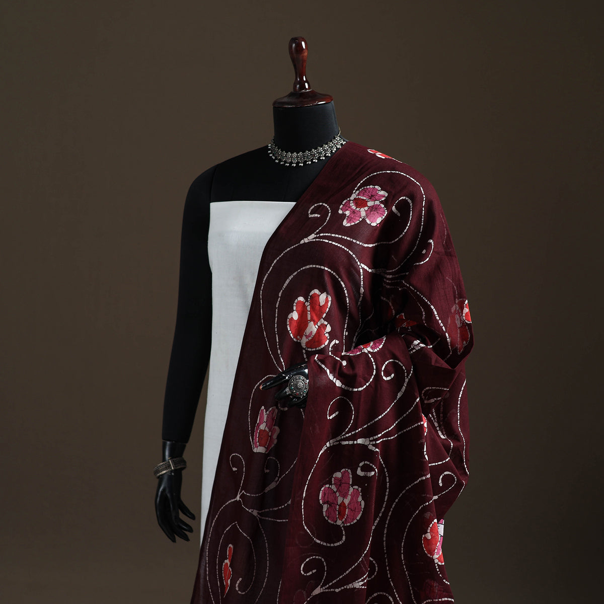 Maroon - hand batik print cotton dupatta 48 - handcrafted