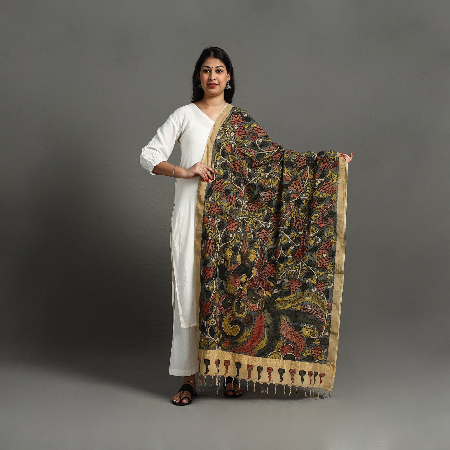 Grey - Mangalagiri Cotton Handpainted Pen Work Kalamkari Dupatta 13