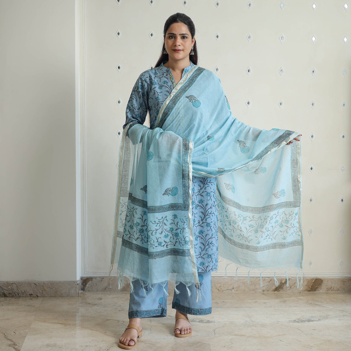 Blue - Sanganeri Block Print Cotton Kurta Suit Set 10