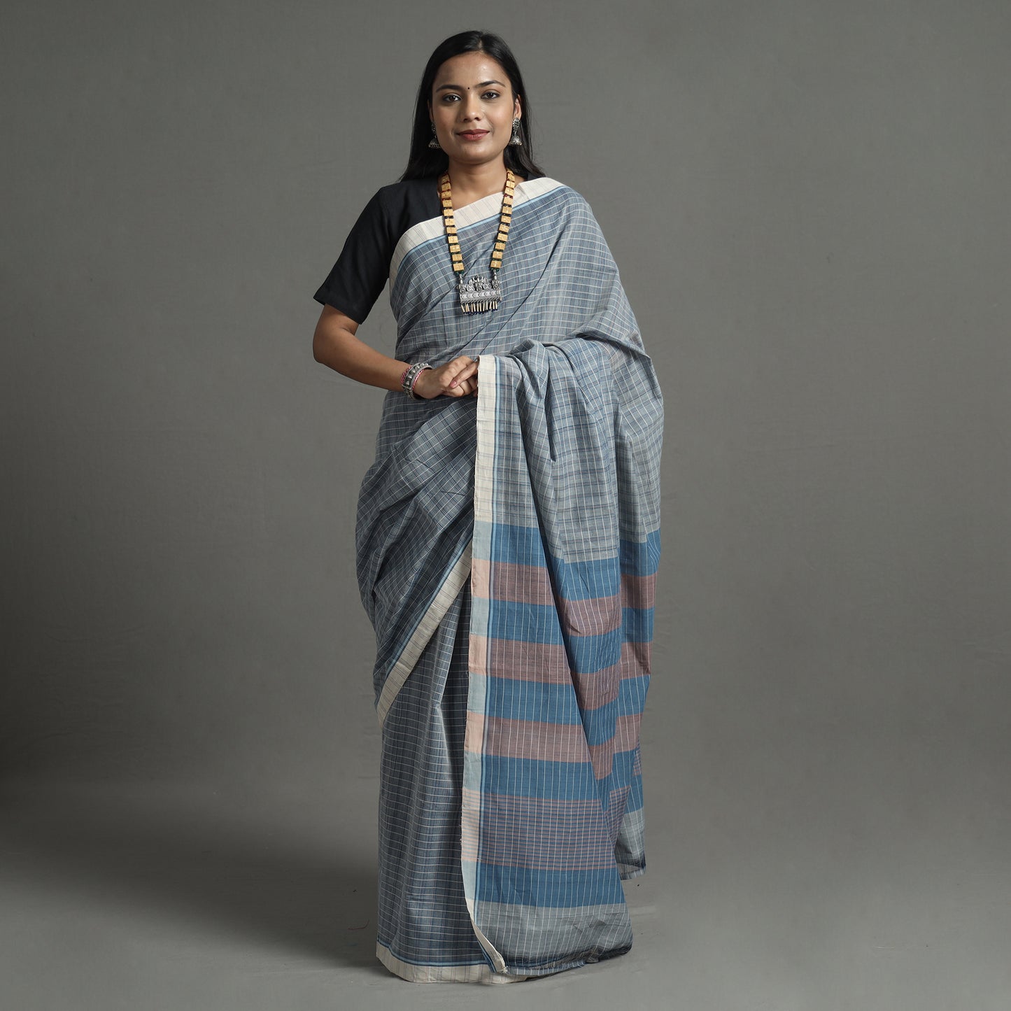 Grey - Pure Handloom Natural Dyed Checks Cotton Saree 20