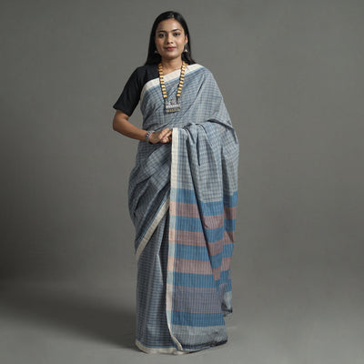 Grey - Pure Handloom Natural Dyed Checks Cotton Saree 20