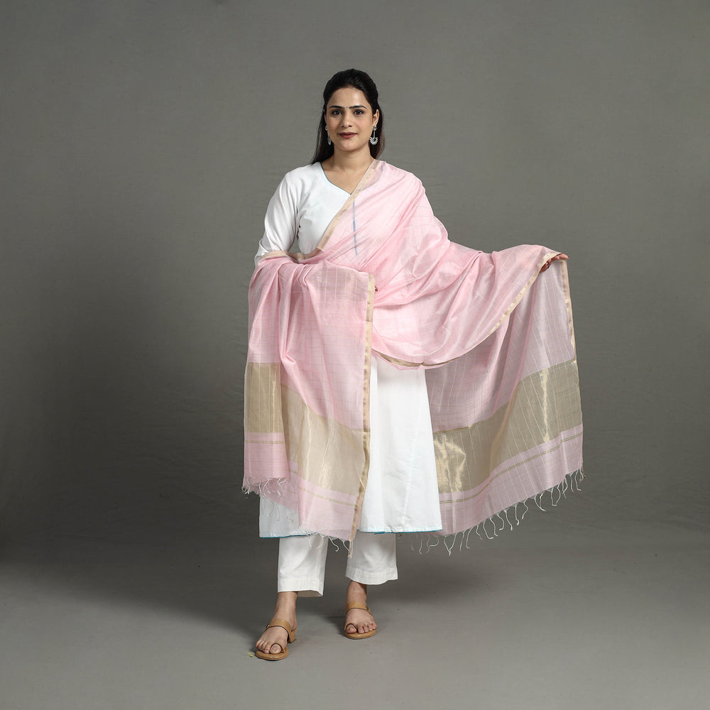 Pink - Handloom Silk Cotton Zari Work Maheshwari Dupatta 07