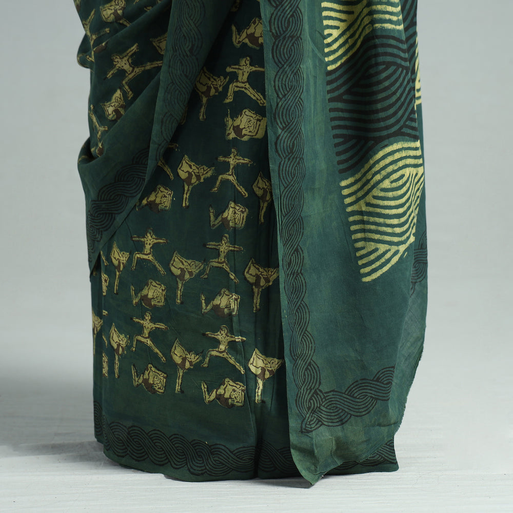 Green - Bindaas Art Block Printed Natural Dyed Cotton Saree 41