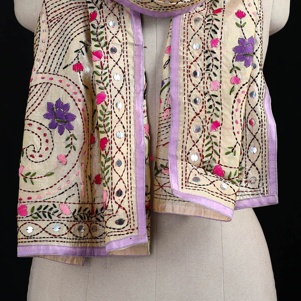 Beige - Ranihati Chanderi Silk Hand Embroidered Stole 10