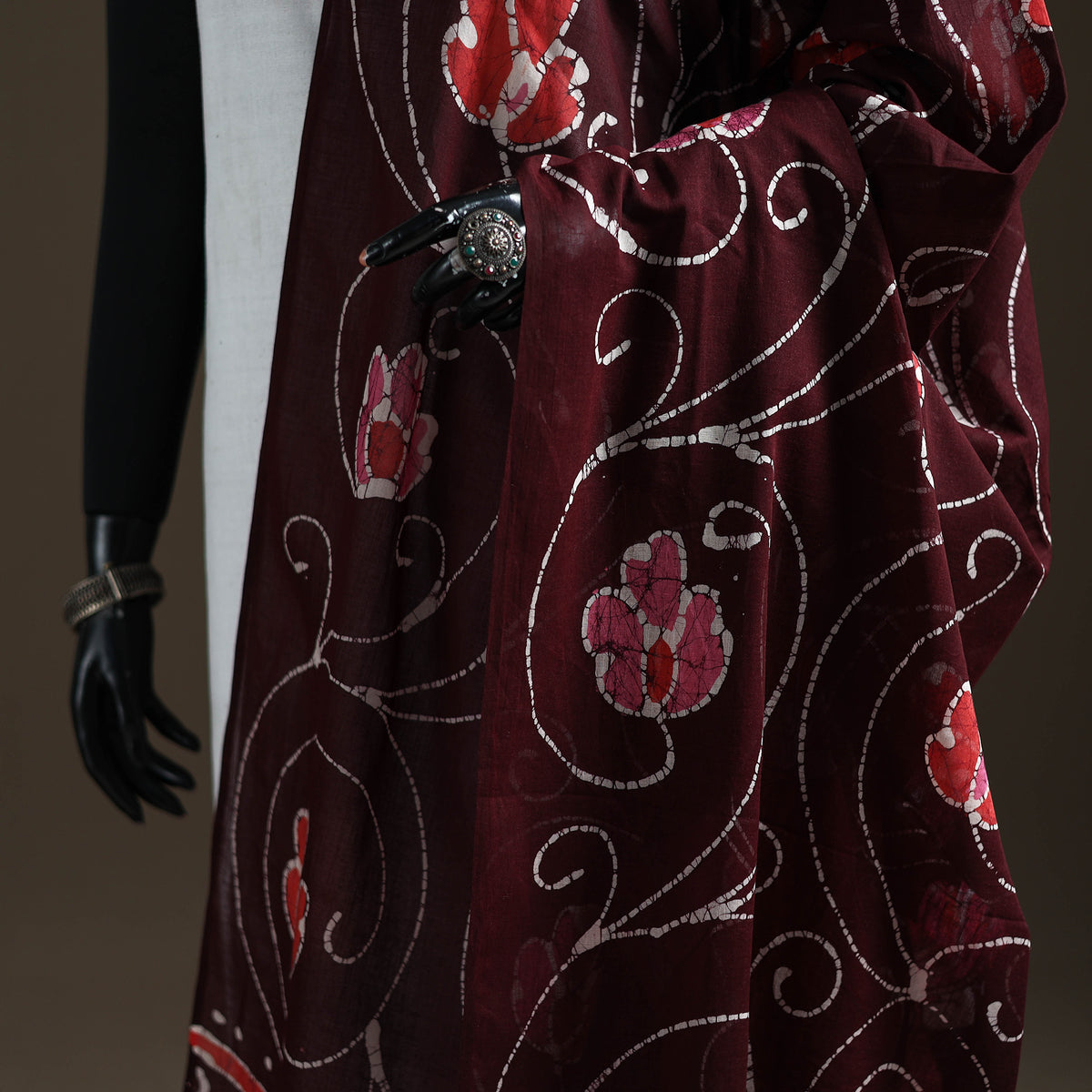 Maroon - hand batik print cotton dupatta 48 - handcrafted