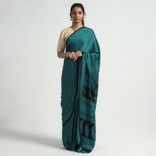 Green - Bagh Hand Block Printed Modal Silk Saree